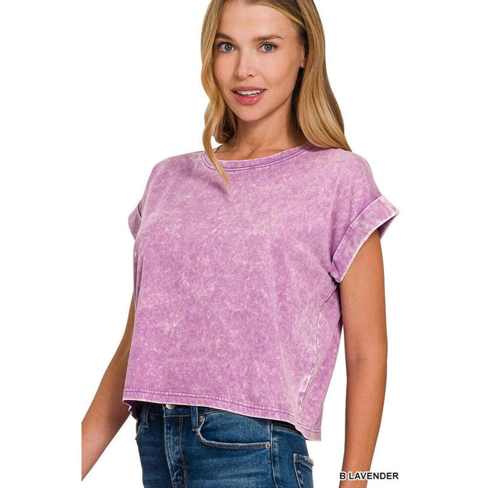 Acid Wash Cotton Folded Sleeve Top Zenana (B Lavender)